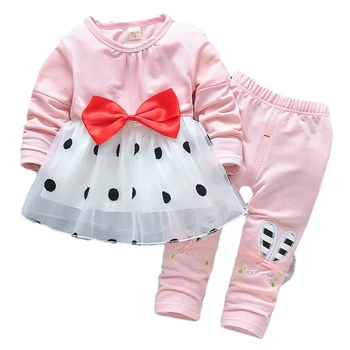 0-24 Mēneši Baby Girl Apģērbu Komplekts Pavasarī, Rudenī Kokvilna+ šifons 2-Gabals Uzvalks Bērnu Modes Gudrs Bowknot un dot Apģērbi
