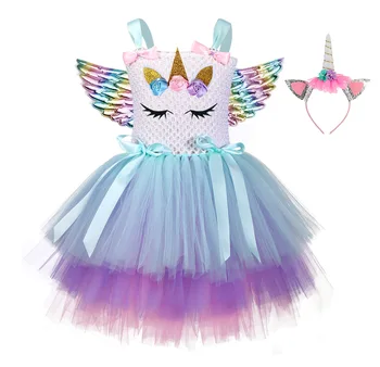 2-10 gadiem Unicorn Kūka Kleita Krāsaina Vienradzis Princese Kleita meitenes drēbes puķu meitene kleitas toddler meitene, ziemassvētku tērpiem