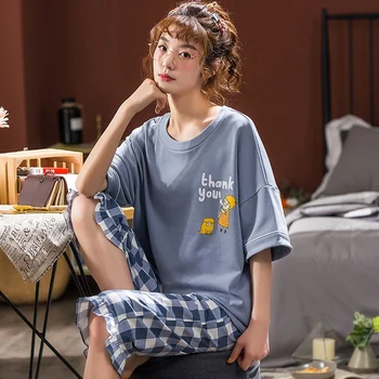 2022. gada Vasarā Plus Lieluma Kokvilnas ar Īsām Piedurknēm Teļš Garums Bikses Pidžamas Komplekti Sieviešu Ikdienas Pleds Sleepwear Pyjama Homewear Drēbes