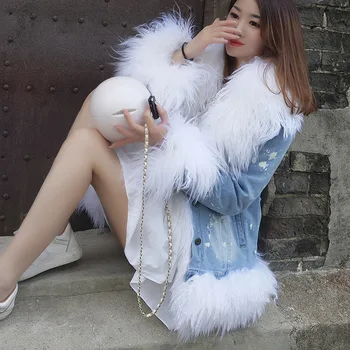2022 jaunā sieviešu ziemas gadījuma silts modes īss kažokādas jaka mākslīgās kažokādas Oderējums, ar greznu vilnas, kažokādas apkakle džinsa mētelis
