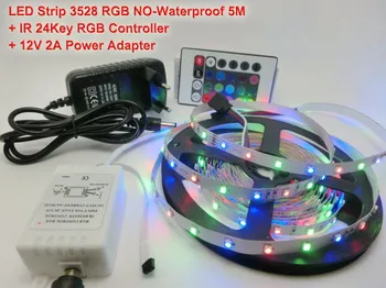 5M 3528 RGB 300 SMD Led Elastīga Gaismas Lente +24Key IS Pārzinis Sarkana zaļa zila dzeltena silti balta + 12V 2A 24W strāvas adapteris