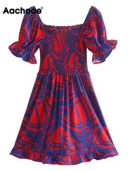 Aachoae Sieviešu Vintage Print Mini Kleitu Modes Laukumā Apkakles Tauriņš Īsām Piedurknēm Kleita Dāmas Gadījuma Elegants Līnijas Kleitas