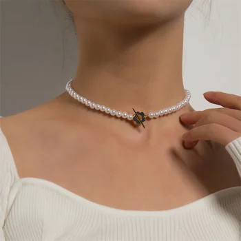 AOMU 2022 Jaunu Modes Luksusa White Pearl Ķēdes sānslīdi kaklasaite Kaklarota Sievietēm Ziedu Lariat Bloķēšanas Apkakles Kaklarota Dāvanas