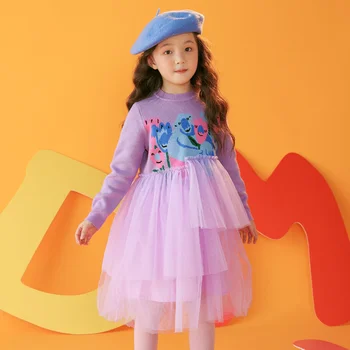 Baby Meitenes Pilnu Piedurknēm Kleitas 2022 Rudens Violeta Marli Grafiti Džemperis Adīšanas Modes Bērni Apģērbu 3T 8Y Bērns Valkāt