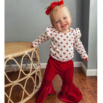 Baby Toddler Meitene Valentīna Diena Apģērbu Komplekts Mīlestību Sirdī Drukāt Salātu garām Piedurknēm Topi Red Uzliesmojuši Bikses Tērpiem