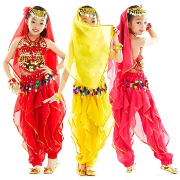 Bērniem Vēdera Deju Kostīms Bērniem Indijas Sports Darbības Apģērbs Sarkans/Rose Sarkans / Dzeltens Posmā & Deju Apģērbi