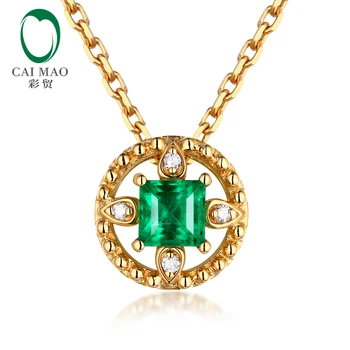 Caimao 0.35 ct Emerald ar Retro Vintage Dimanta Kulonu 14k Dzeltenā Zelta ķēdīte