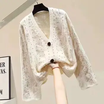 Cardignas džemperis sieviešu 2022. gada Rudenī Jaunu Slinks Zaudēt V-veida kakla Krelles Sitienu Ziedu Cardigue Thicked džemperi, jakas Sieviešu jakas