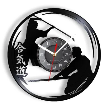 Japāņu Aikido Kanji Cīņas Mākslas Cīņas Sporta Vinila Ieraksts Sienas Pulkstenis Dodzjo Cilvēks Ala Dekoru Mākslas Cirsts Mūzikas Ierakstu Pulkstenis