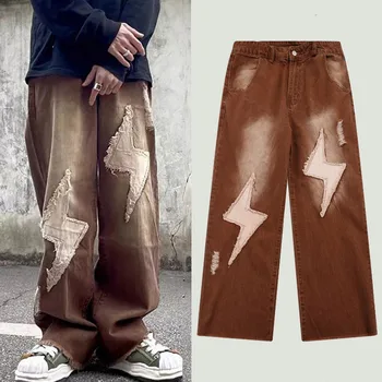 Lielgabarīta Vintage Baggy Džinsi Vīriešu Zibens Izšuvumi Plāksteris Džinsa Bikses Streetwear Zaudēt Gadījuma Taisni Plaša Kāju Bikses Vīriešu