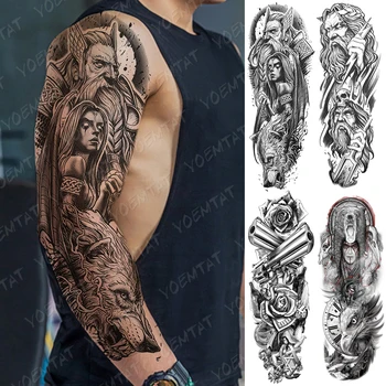 Lielu Roku Piedurknēm Tetovējums Lāča Galvaskauss, Ūdensnecaurlaidīgus Pagaidu Tatto Uzlīmes, Dievs Zevs Poseidon Body Art Pilna Viltus Tetovējums Sievietes Vīrieši