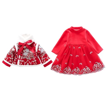 Mazulis Ķīniešu Jaunais Gads Apģērbs Hanfu Baby Girl Ziemas Drēbes Sabiezēt Tumšai Tang Dynasty Qipao Kleitu Bērni Seno Kostīms, Sarkans