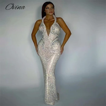 Ovina Sudraba Sequin Crystal Ilgi Svārki Sieviešu Sieta Paneļa Dizains Piedurknēm Halterneck Kleitu Elegants Dāsna Puse Vakarā Dres