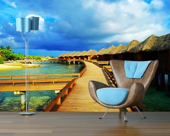 Pasūtījuma ainava tapetes,koka mājas maldīvu salas jūras ainavu uz dzīvojamo istabu, guļamistaba, TV fona sienas papel de parede