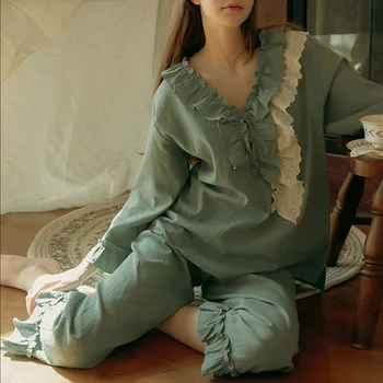 Pavasara Rudens Sieviešu Princese Pajama Komplekti Nightie Gudrs Dāmas Meitene Vintage Zaļās Krāsas Big Mežģīnes Pidžamas Komplekts Mājas Sleepwear