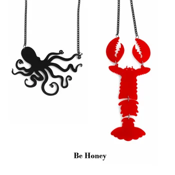 Radošā Jūras Dzīvnieku Melns Astoņkājis Un Red Lobster Pārspīlēti Kuloni, Akrila Kaklarota Sievietēm Smieklīgi Modes Rotaslietas