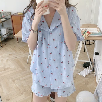 saldo ķiršu pidžamas komplekts sievietēm sleepwear 2 gabals, kas kokvilna mājas tērps drēbes savukārt apkakle top elastīga vidukļa bikses Y634
