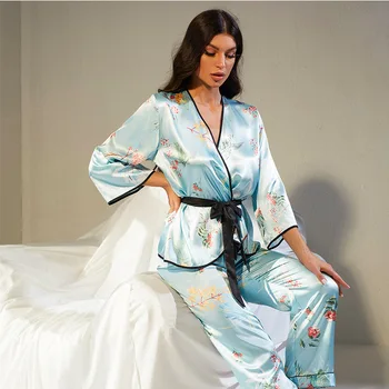 Sieviešu 2GAB Pidžamas Komplekts Ziedu Drukāt Loungewear Zīda Satīna Naktsveļu Sleepwear V-veida kakla Miega Apģērbi Sievietēm