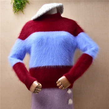 sieviešu sieviešu rudens ziemas apģērbu ūdeļu kašmira adīta ar garām piedurknēm o-veida kakla slim blūzes džemperi angoras kažokādas džemperis pull augšu