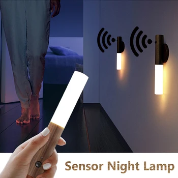Smart LED Infrasarkano staru Sensoru Gaismjutīgās Koka Nakts Gaisma USB Bezvadu Uzlādējamais Naktis Lampas Gultas drēbju Skapis, Sienas Lampas