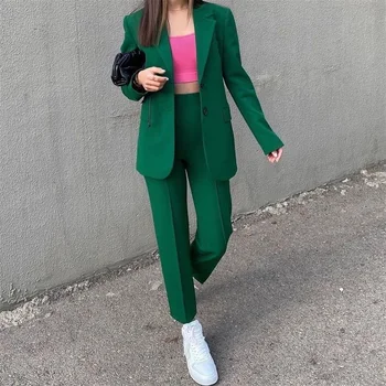 TRAF Sieviešu Modes 2021 Vintage Elegantajā Zaļajā Vienu Krūtīm, Bleizeri Kabatās, Dāmas Elegantas Biroja Nodilumu, Streetwear