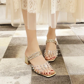 Vasaras Modes Kniežu Sequin sandales, čības Sieviete Sekla Romas Muti Sieviešu Ikdienas Kvadrātveida papēdi kurpes Plus lieluma 32-50 9144-7