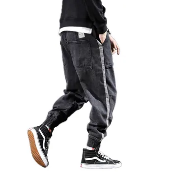 Vīrieši Hip Hop Jeans Denim Joggers Bikses ar Sānu Līniju Gadījuma Bikses Vaļīgas Baggy Harēma Džinsi, Melnas Bikses Cilvēks Apģērbi