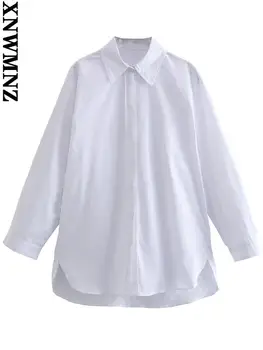 XNWMNZ Sieviešu 2022 modes lielgabarīta asimetriska poplīns krekli White vintage garām piedurknēm vents sieviešu blūzes blusas šiks topi