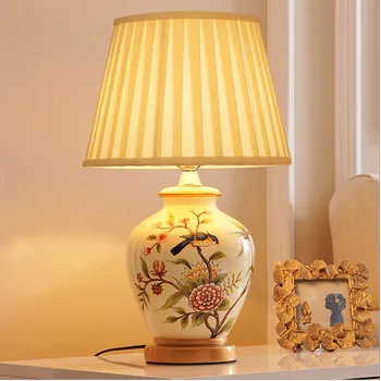 Ķīniešu stila zieds&putnu keramikas Galda Lampas Klasiskās reostats/Touch switch auduma E27 LED lampas gultas&foajē&studio MF050