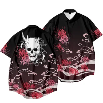 Ķīniešu Stilā Dēmons Drukāt Krekls 2022 Japāņu Vīriešiem Havaju Krekls Vasaras Modes Īsām Piedurknēm Harajuku Melns Krekls Mens Apģērbu