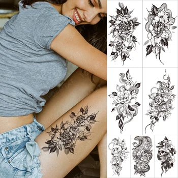Ūdensnecaurlaidīgus Pagaidu Tetovējumu Uzlīmes, Peonija, Roze, Ziedu, Putnu Čūska Tetovējumiem Sieviete Melnā Minimālisma Līnijas Body Art Viltus Tatto Sievietēm